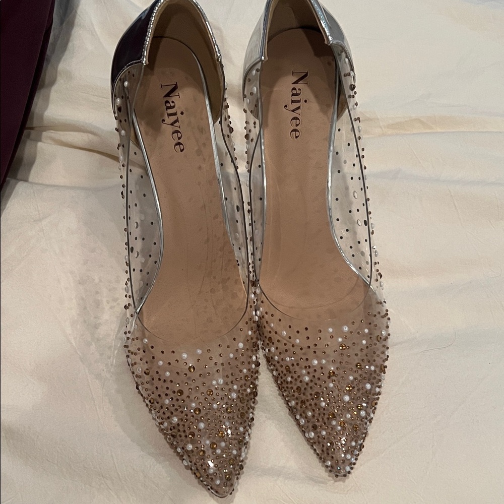 Women's Transparent Rhinestone Heels - Silver and Tan - Picture 5 of 5